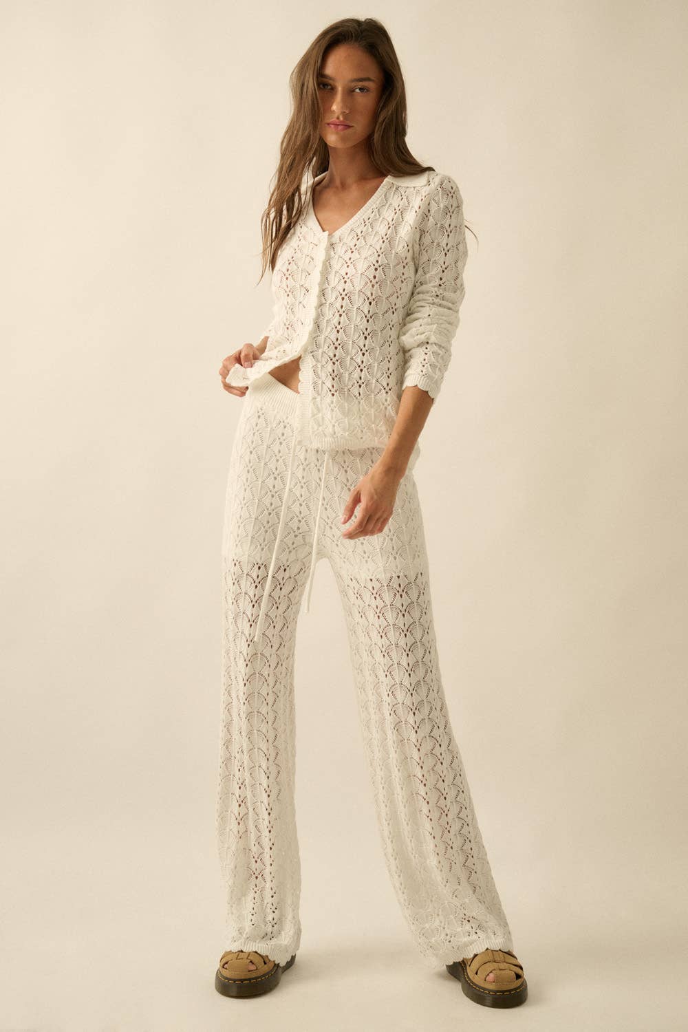 Pointelle Crochet-Knit Drawstring Sweater Pants
