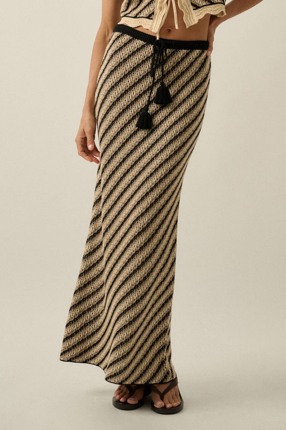 Striped Crochet Knit Fitted Drawstring Maxi Sweater Skirt