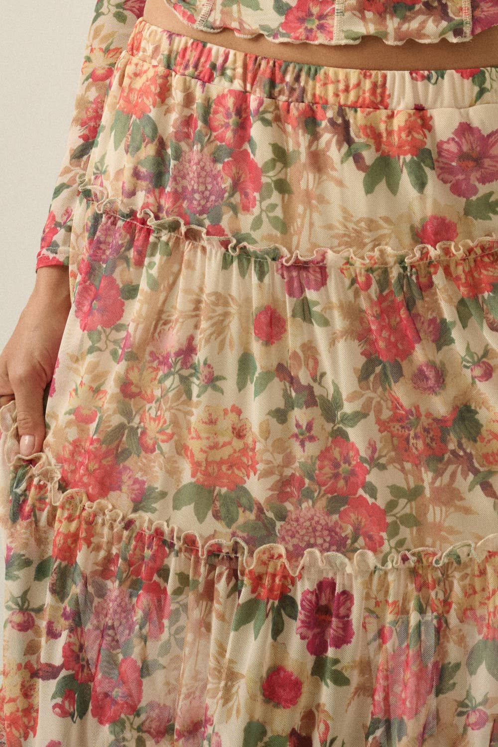 Promesa Floral Mesh Tiered Maxi Skirt
