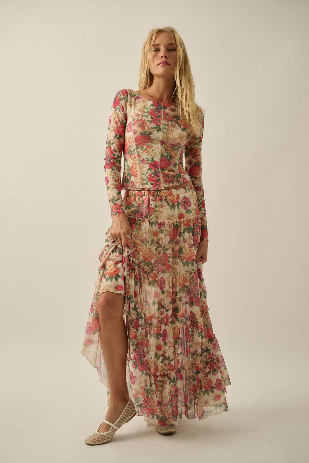 Promesa Floral Mesh Tiered Maxi Skirt