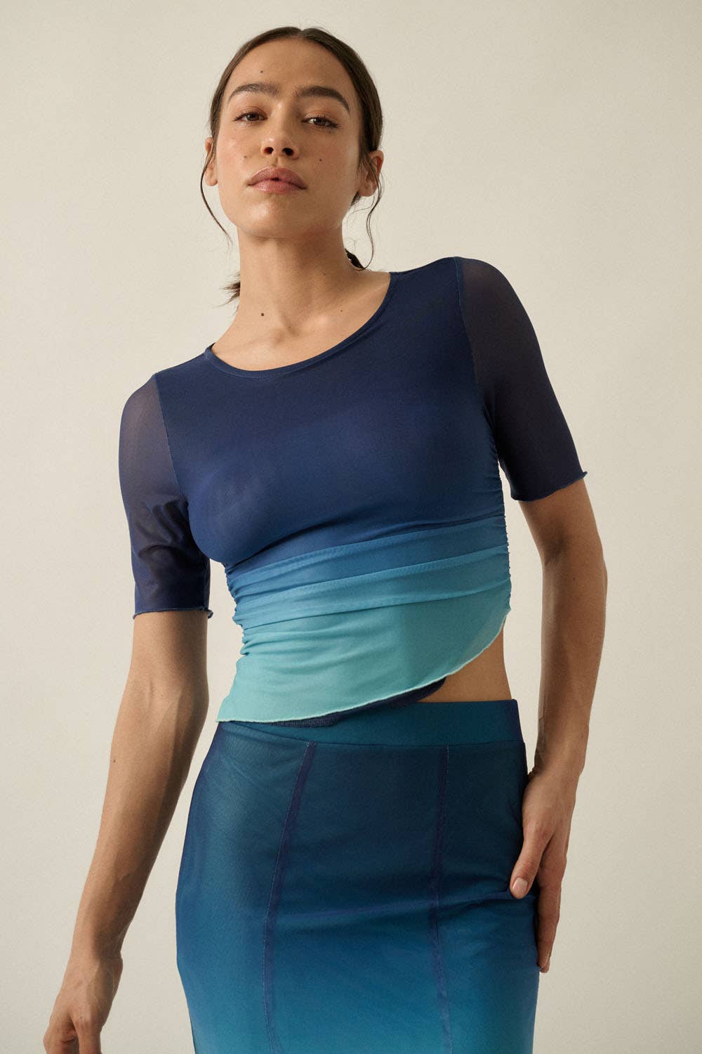 Ombre Mesh Ruched Asymmetrical Cropped Top