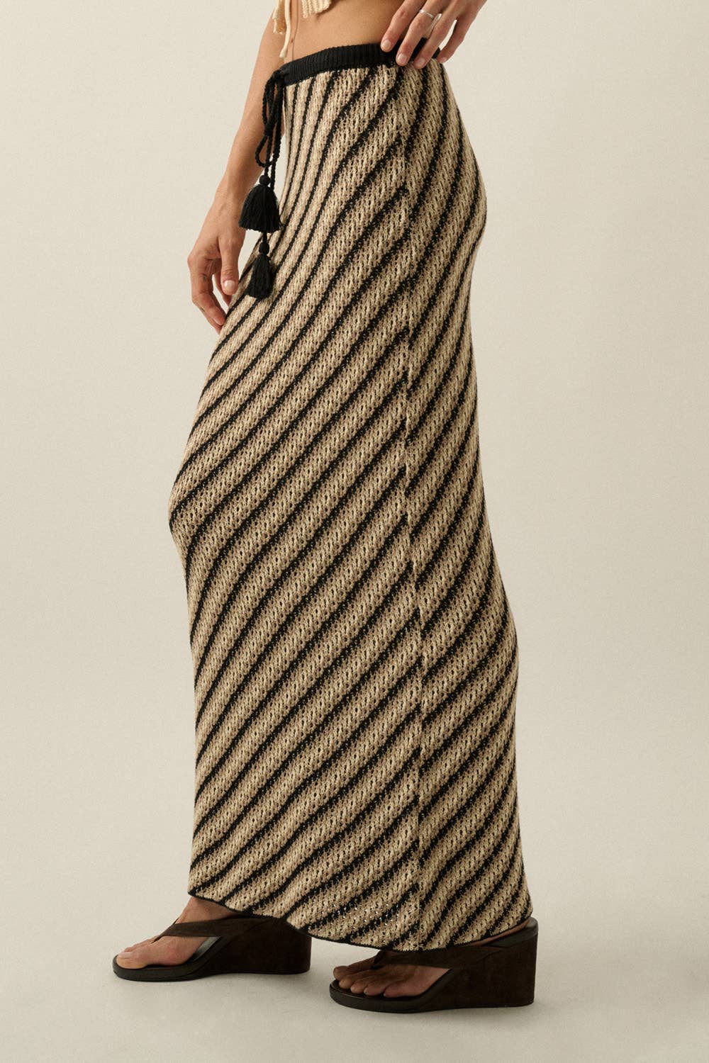 Striped Crochet Knit Fitted Drawstring Maxi Sweater Skirt