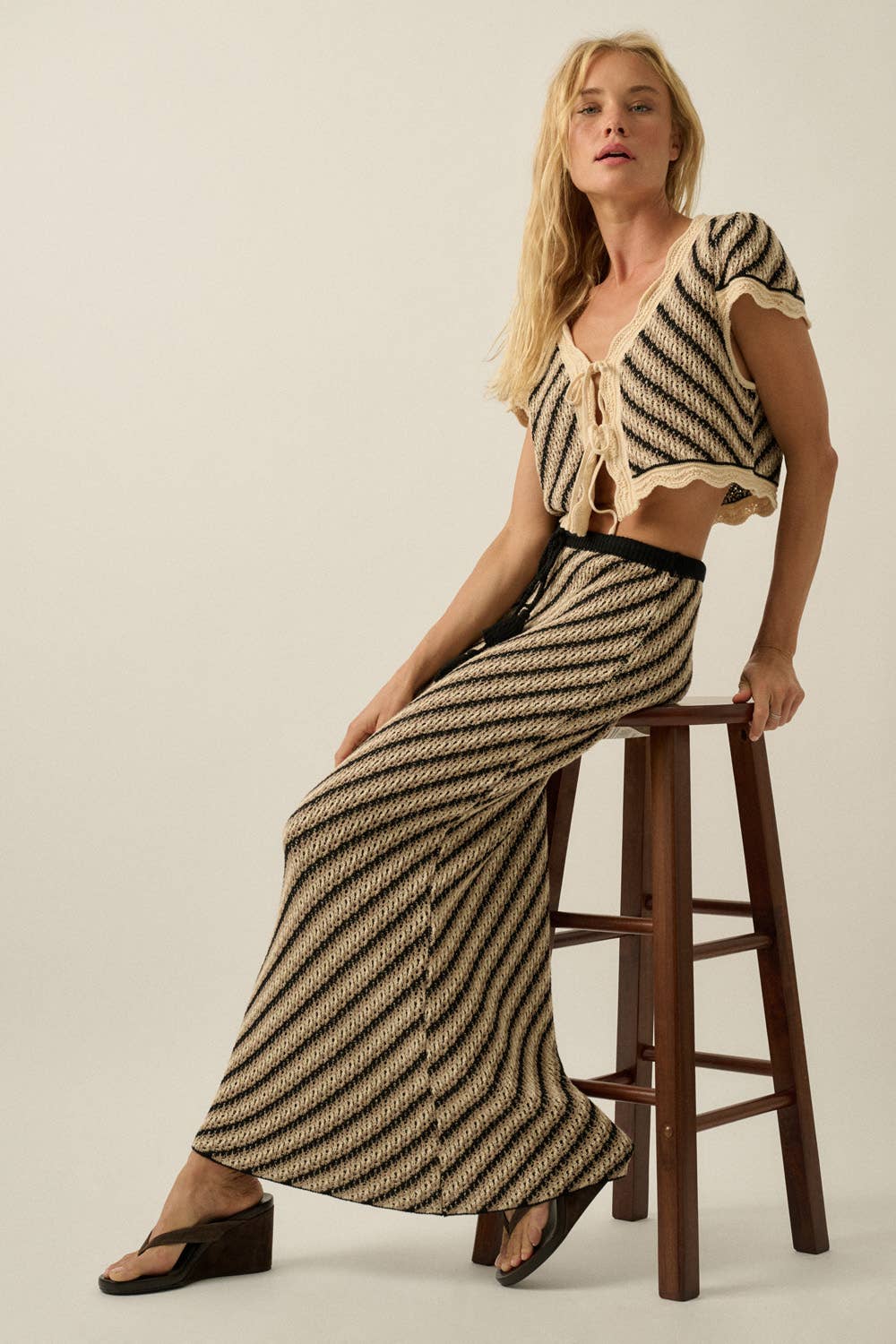 Striped Crochet Knit Fitted Drawstring Maxi Sweater Skirt
