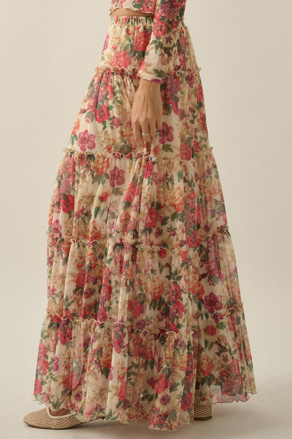 Promesa Floral Mesh Tiered Maxi Skirt