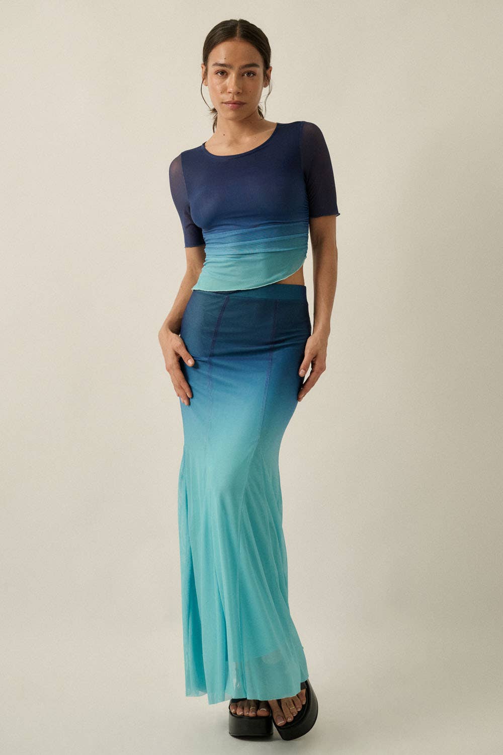 Ombre Mesh Ruched Asymmetrical Cropped Top