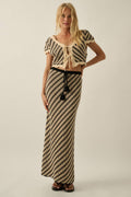 Striped Crochet Knit Fitted Drawstring Maxi Sweater Skirt