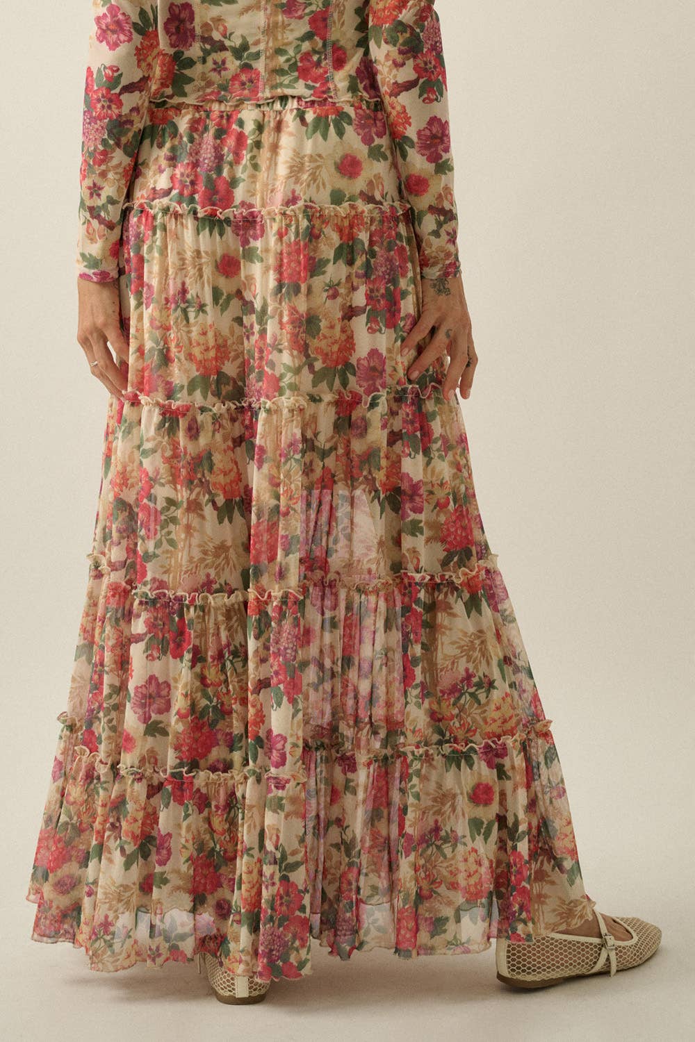 Promesa Floral Mesh Tiered Maxi Skirt