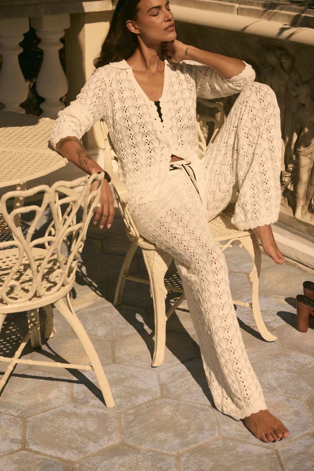 Pointelle Crochet-Knit Drawstring Sweater Pants