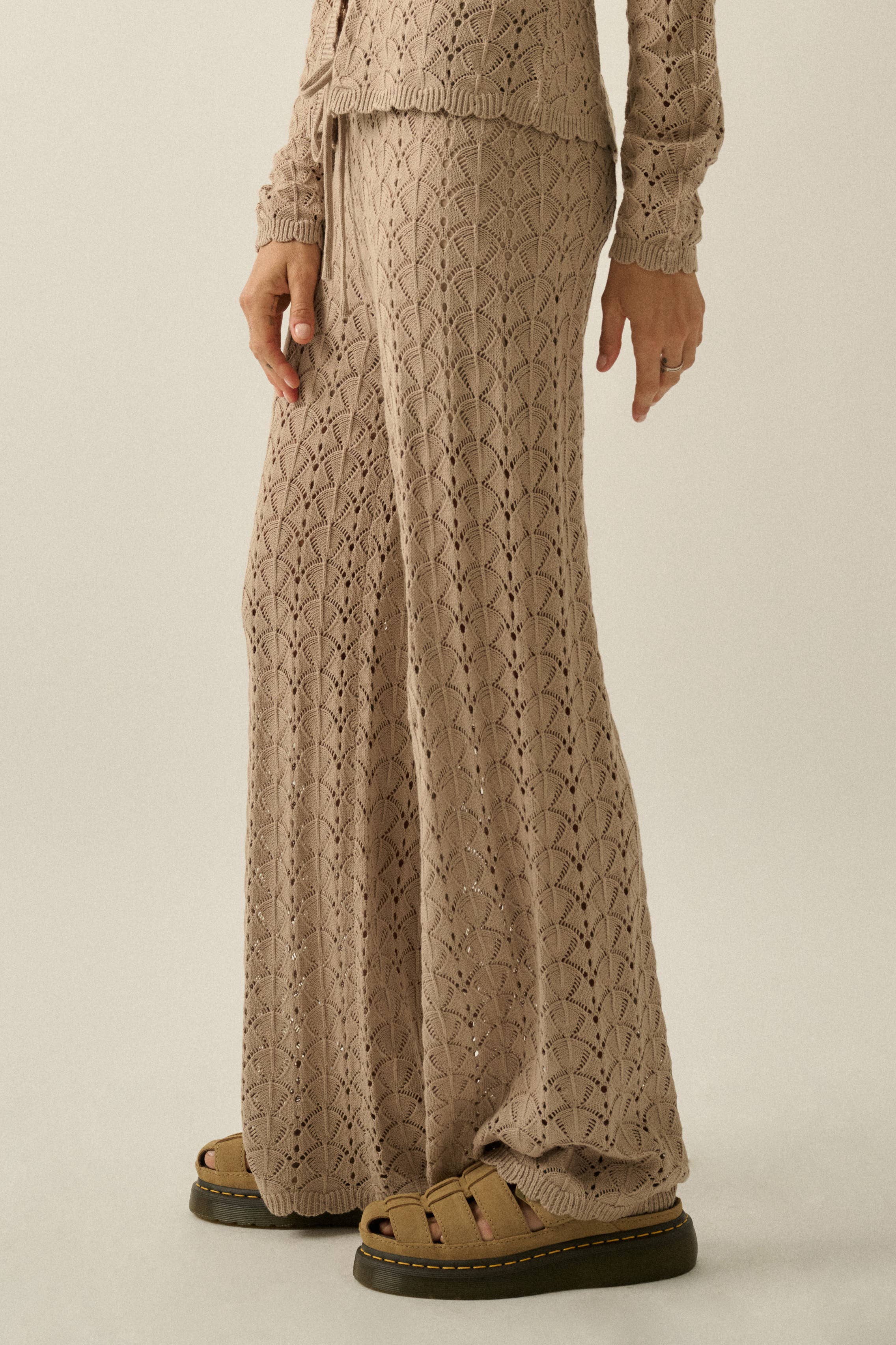 Pointelle Crochet-Knit Drawstring Sweater Pants