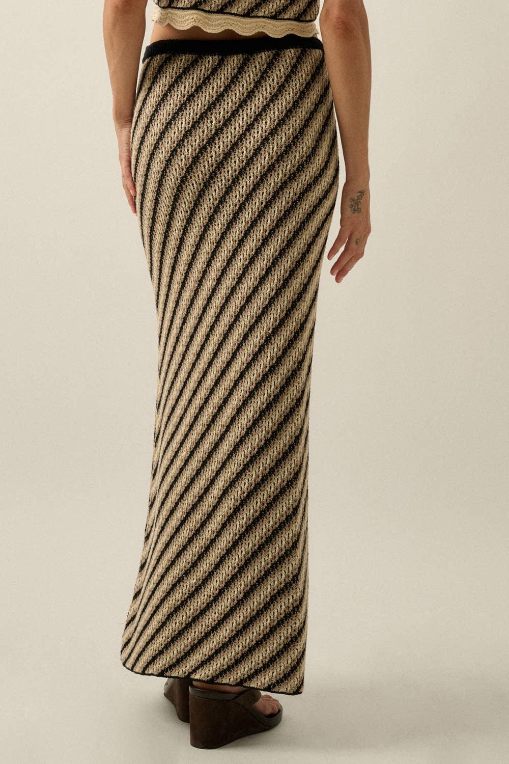 Striped Crochet Knit Fitted Drawstring Maxi Sweater Skirt