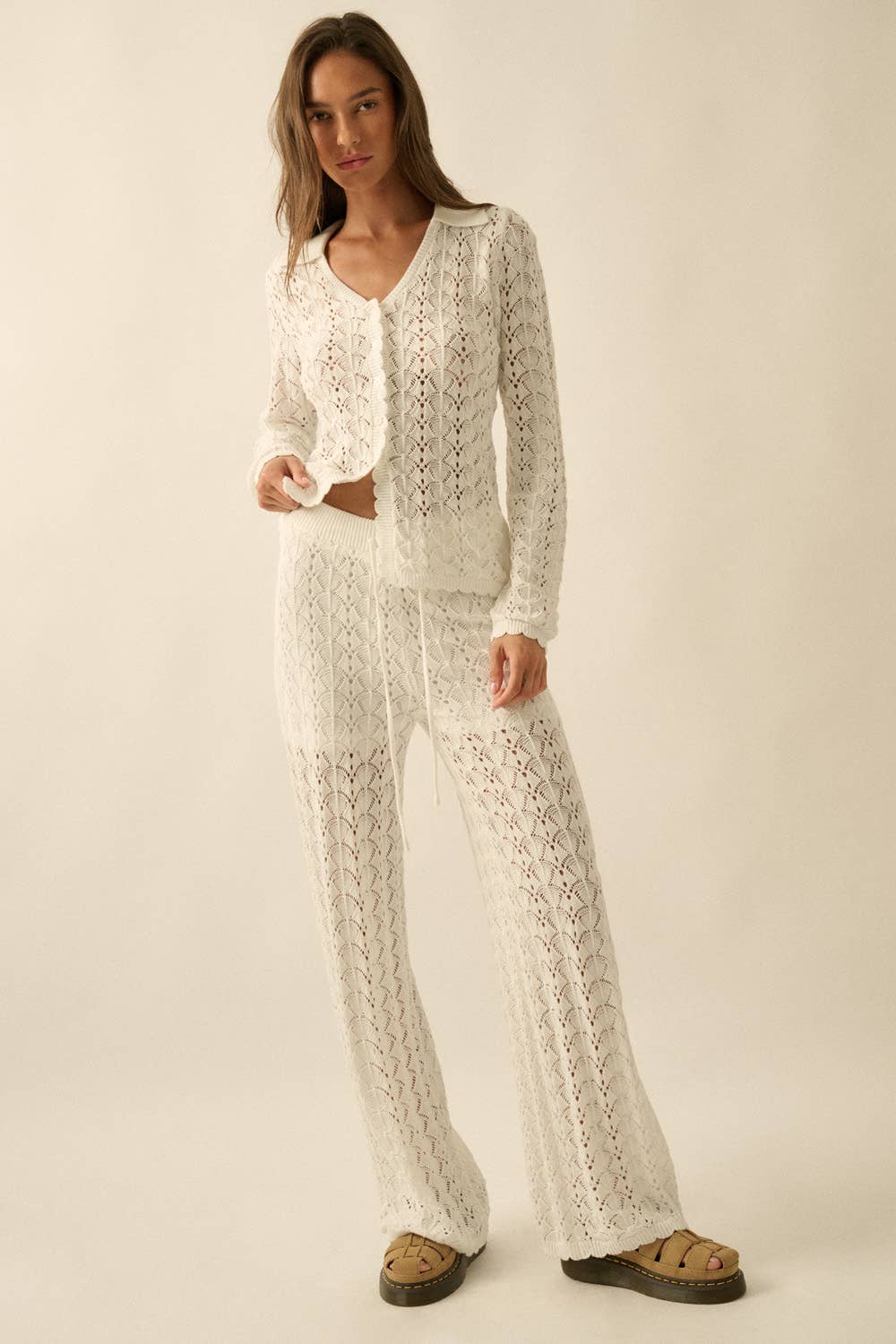 Pointelle Crochet-Knit Drawstring Sweater Pants
