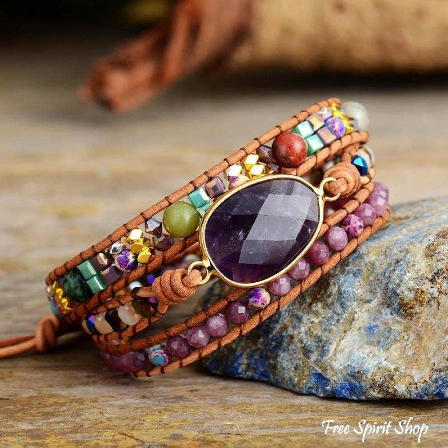 Natural Amethyst & Lepidolite Wrap Bracelet - Colores Coastal Woods by Colores Enterprises