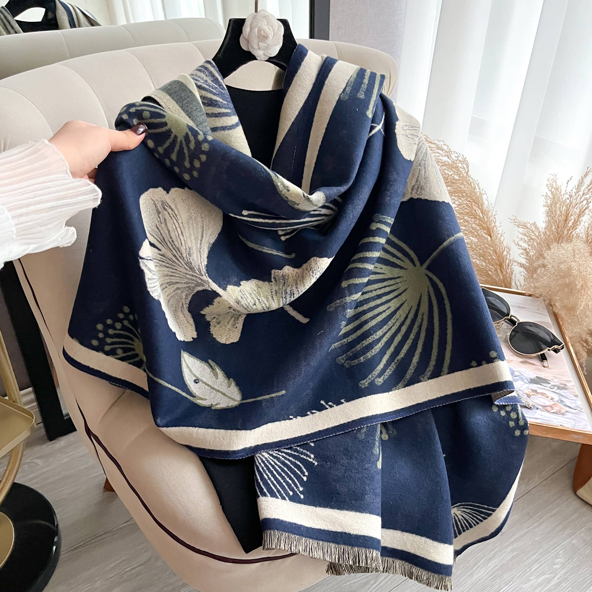 Navy / Cream Falling Ginkgo Reversible Wrap - Colores Coastal Woods by Colores Enterprises