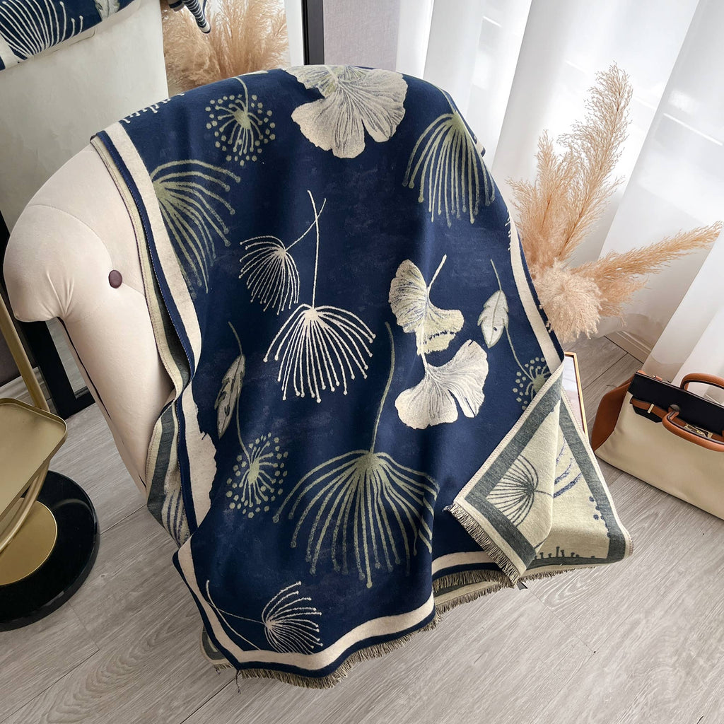 Navy / Cream Falling Ginkgo Reversible Wrap - Colores Coastal Woods by Colores Enterprises
