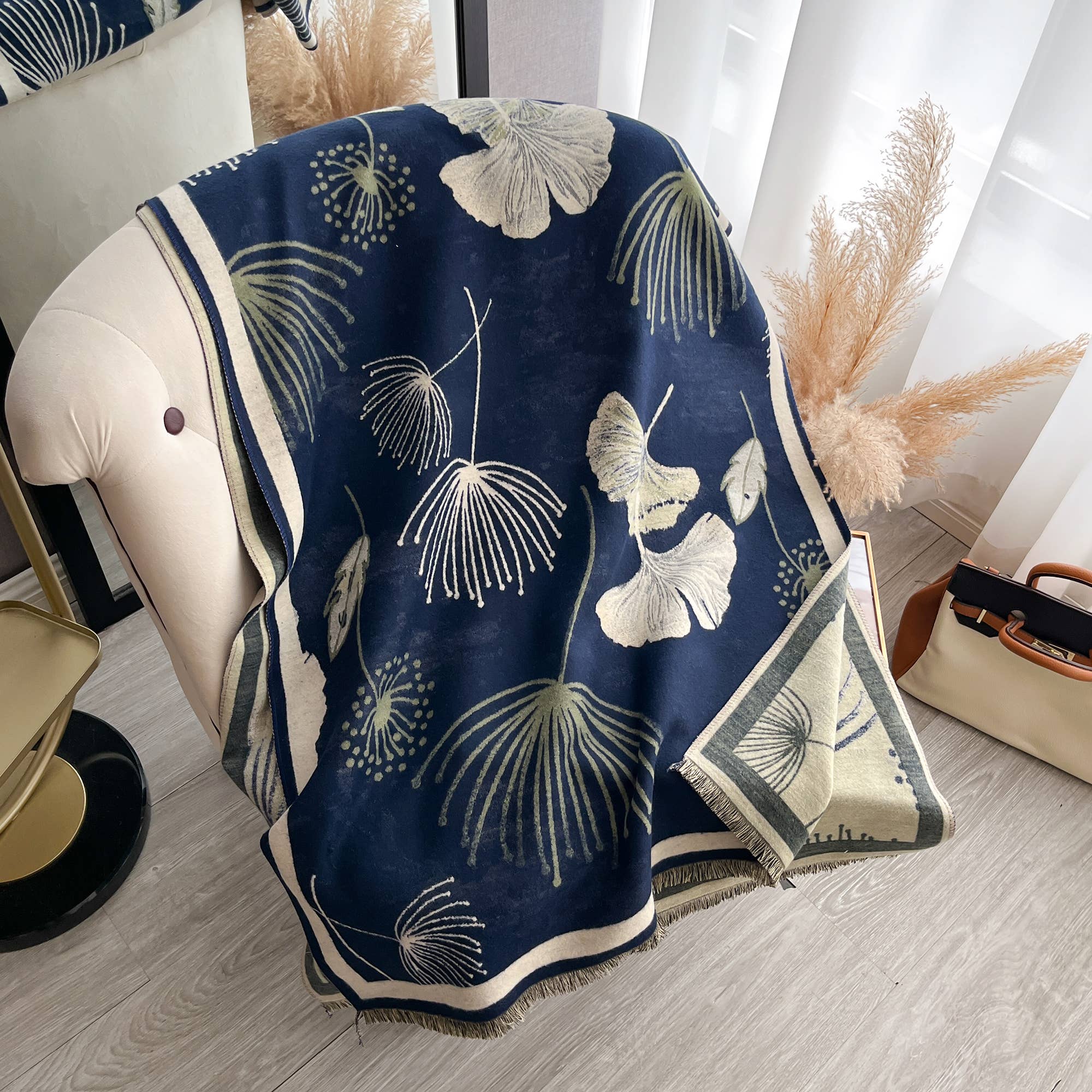 Navy / Cream Falling Ginkgo Reversible Wrap - Colores Coastal Woods by Colores Enterprises