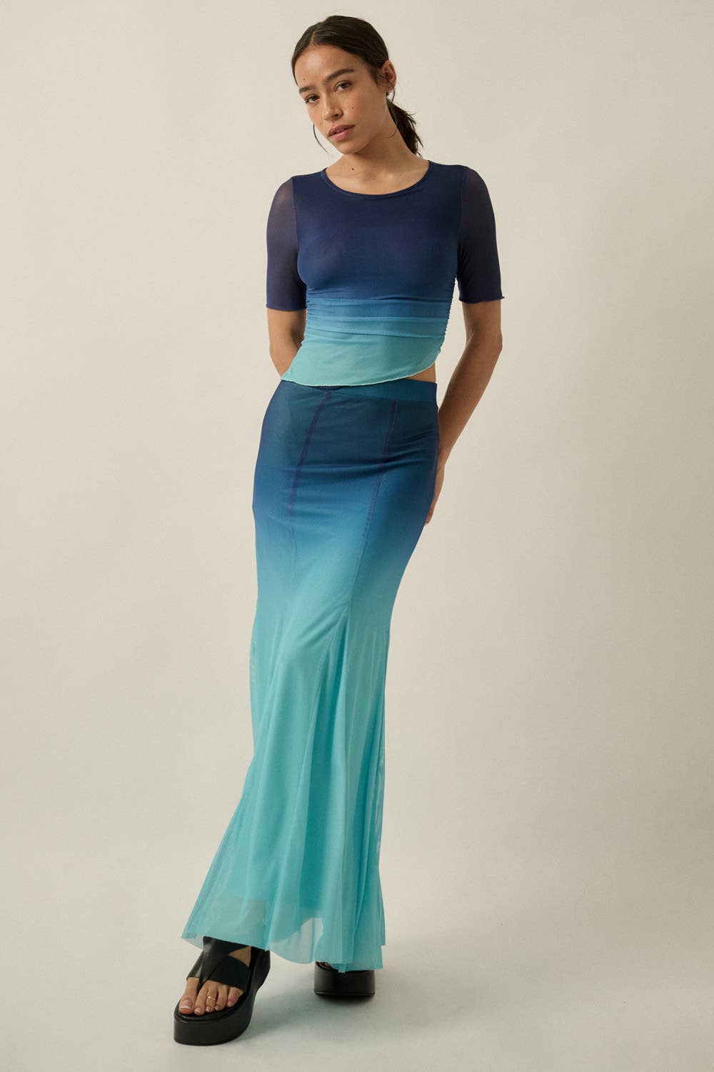Ombre Mesh Fit - and - Flare Godet Maxi Skirt - Colores Coastal Woods by Colores Enterprises