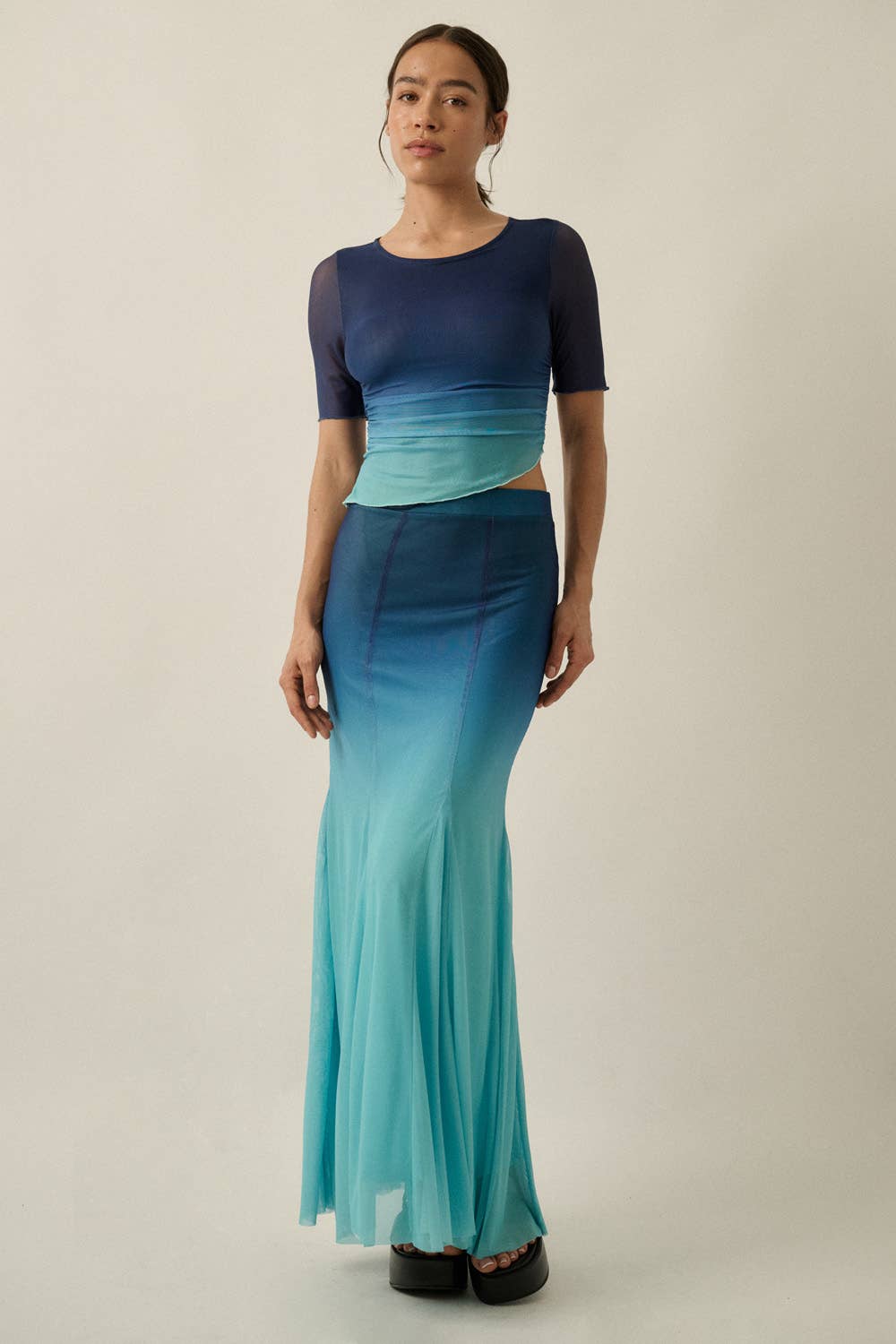 Ombre Mesh Fit - and - Flare Godet Maxi Skirt - Colores Coastal Woods by Colores Enterprises