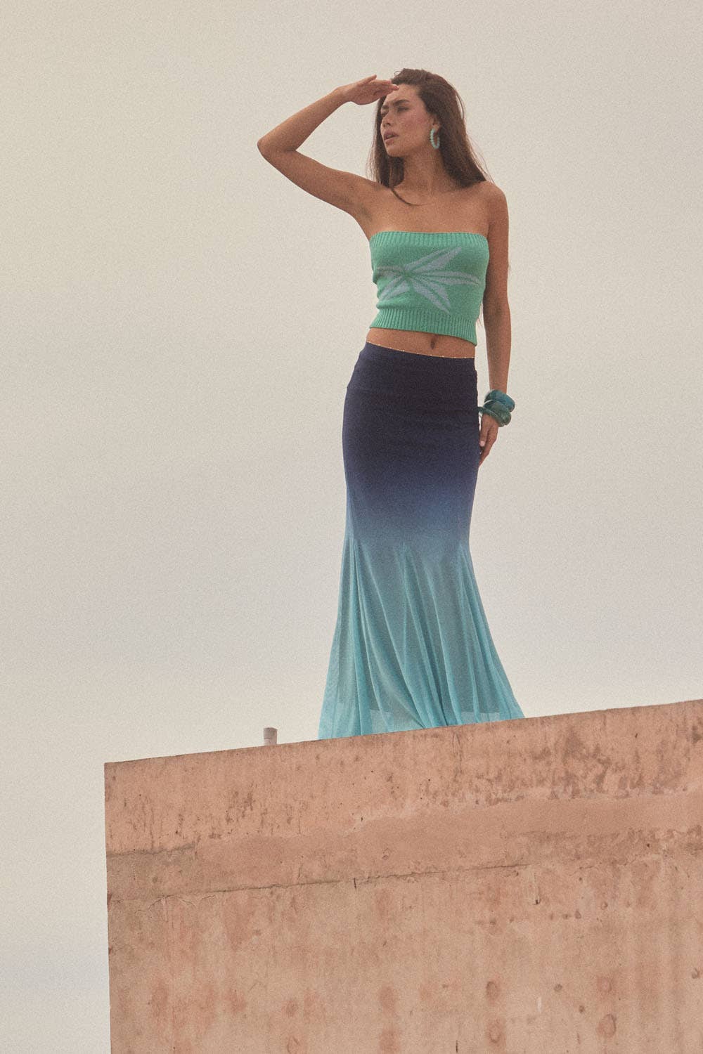 Ombre Mesh Fit - and - Flare Godet Maxi Skirt - Colores Coastal Woods by Colores Enterprises