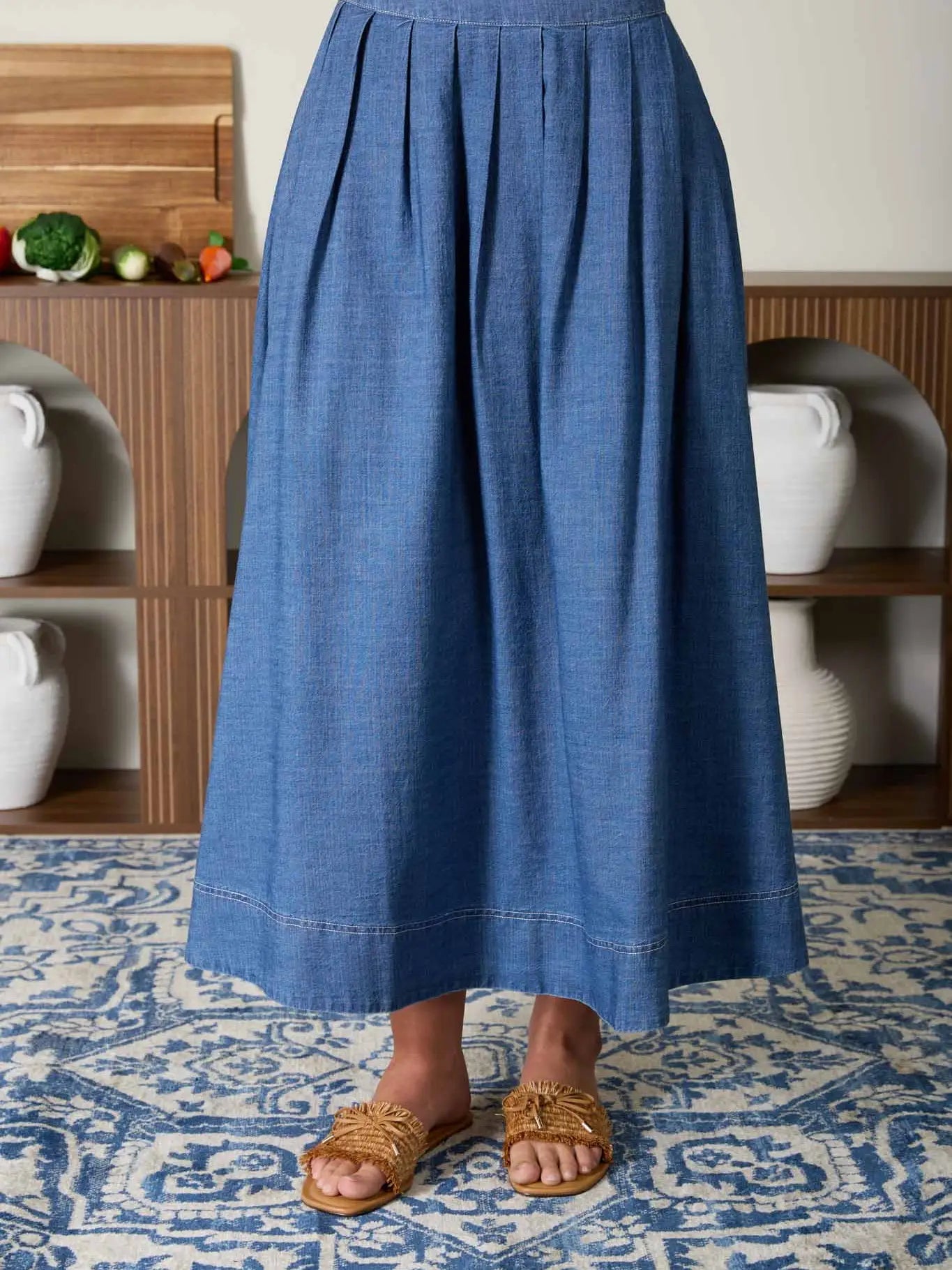 Pleated High Waist Denim Midi Skirt - Colores Coastal Woods by Colores Enterprises