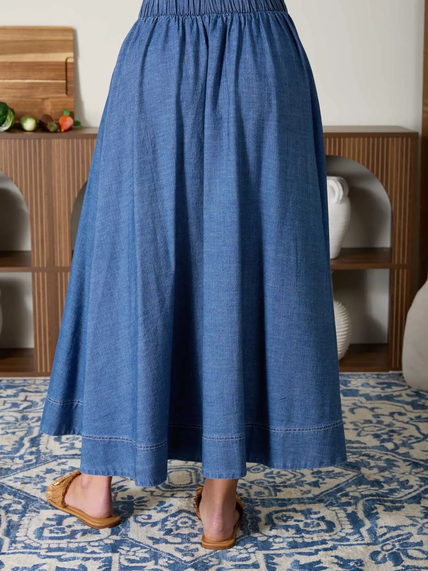 Pleated High Waist Denim Midi Skirt - Colores Coastal Woods by Colores Enterprises