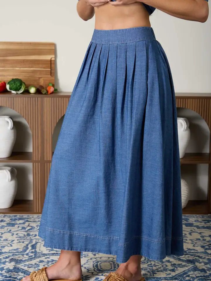 Pleated High Waist Denim Midi Skirt - Colores Coastal Woods by Colores Enterprises